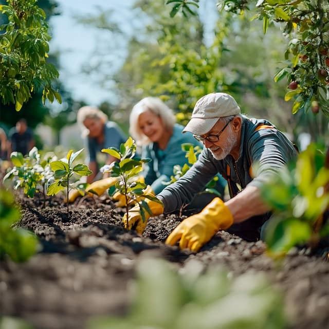 Senioren gärtnern gemeinsam und pflanzen frische Sätzlinge ins Beet. Senioren gärtnern gemeinsam und pflanzen frische Sätzlinge ins Beet.