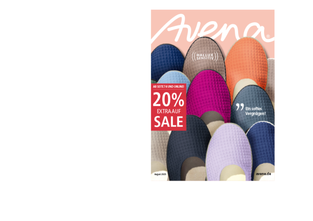 Der Titel des zweiten Katalogs. Ein Bild zeigt Hallux-Softslipper in verschiedenen Farben. Und es werden 20% auf Sale-Artikel beworben.