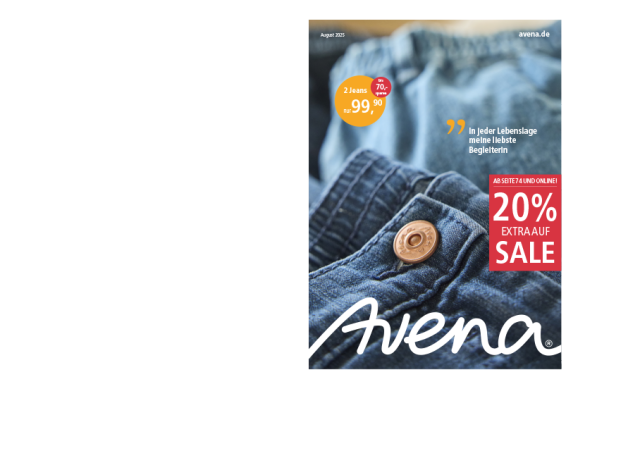 Titel des Katalogs. Zwei Jeans zum Vorteilspreis von 99,90 Euro. Und 20% zusätzlich auf Sale-Artikel.