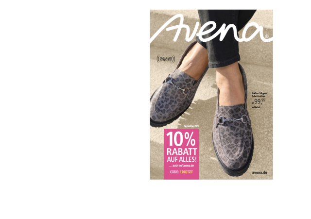 Der Katalogtitel zeigt den Hallux-Slipper Schrittsicher in verschiedenen Farben. Zudem werden 10% auf das gesamte Sortiment beworben.