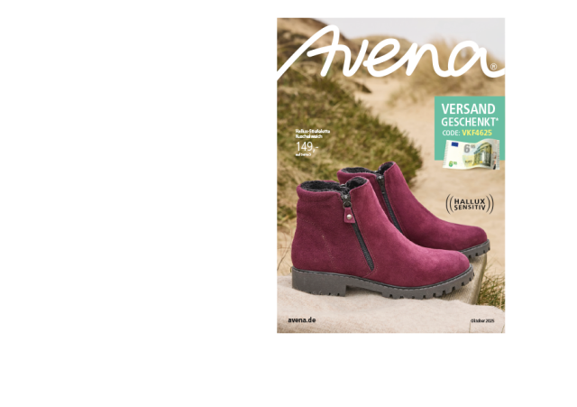 Der Katalogtitel zeigt die Hallux-Stiefelette Kuschelweich in Bordeaux. Zudem wird Gratis-Versand beworben..