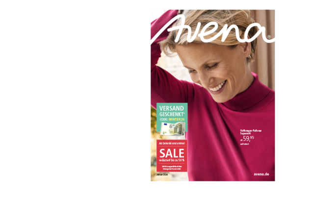 Der Katalogtitel zeigt eine lächelnde Frau, die den Rollkragen Pullover Supersoft in Magenta trägt. Es wird Versandkostenfreiheit beworben und es befinden sich Sale-Artikel im Katalog.