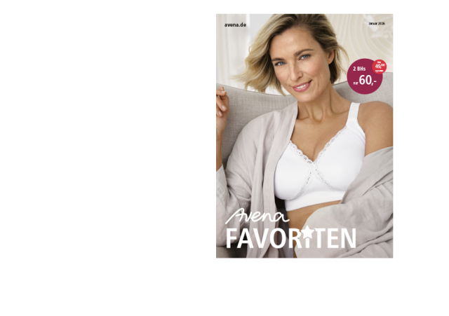 Titel des neuen Katalogs. Eine lächelnde Frau trägt den Wohlfühl-BH Stütz-Kreuz in Weiß. Der Katalog beinhaltet Favoriten-Artikel.