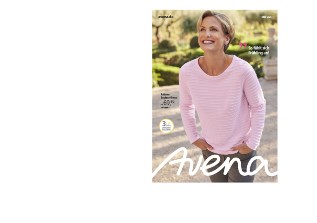 Der Katalogtitel zeigt eine lachende Frau, die den mintfarbenen Pullover Struktur-Ringel trägt.