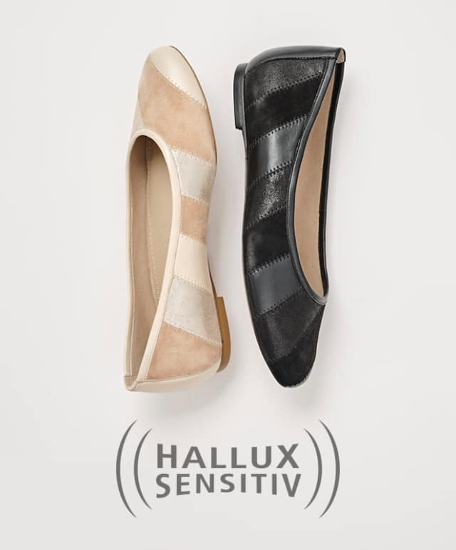 Hallux-Ballerina Innenkeil in schwarz und beige.