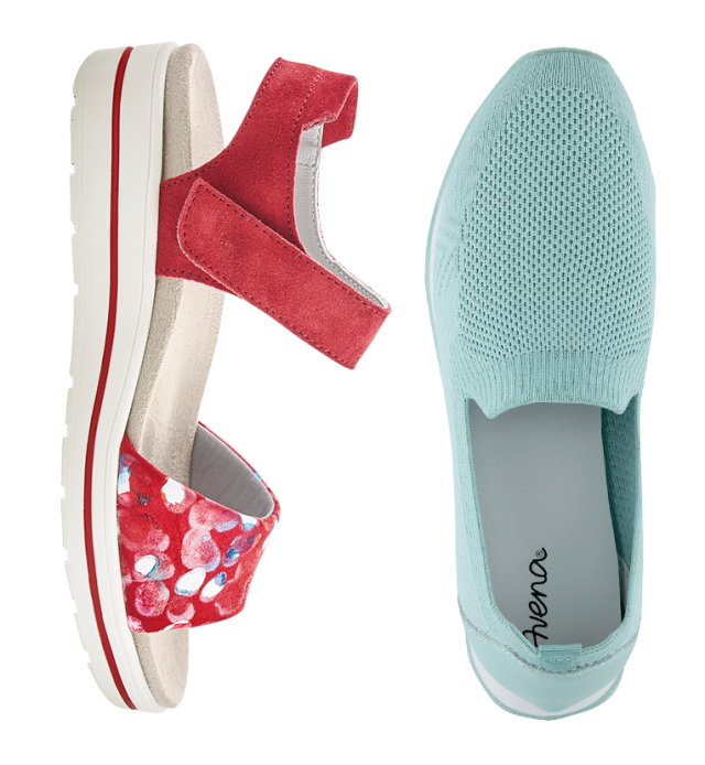 Hallux-Sandale Softriemen in rot und Hallux-Slipper Leichtgewicht. Schuhe sind im Sale.