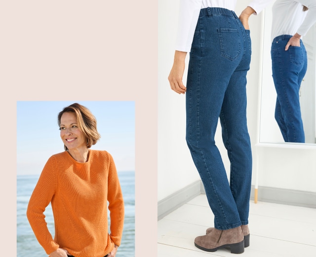 Outfit bestehend aus orangefarbenen Baumwoll-Zauberpullover Apart und Zauber-Jeans Apart.