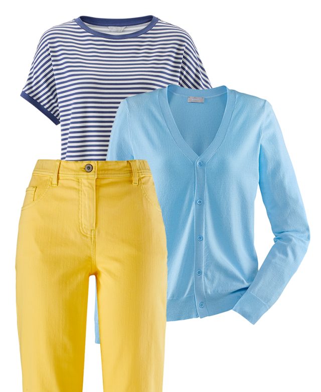 Q10-Jeans Hautschmeichler in Gelb,
Strick-Caridgan Supersoft,
Soft-Shirt Viskosejersey.
Alle Artikel sind im SALE