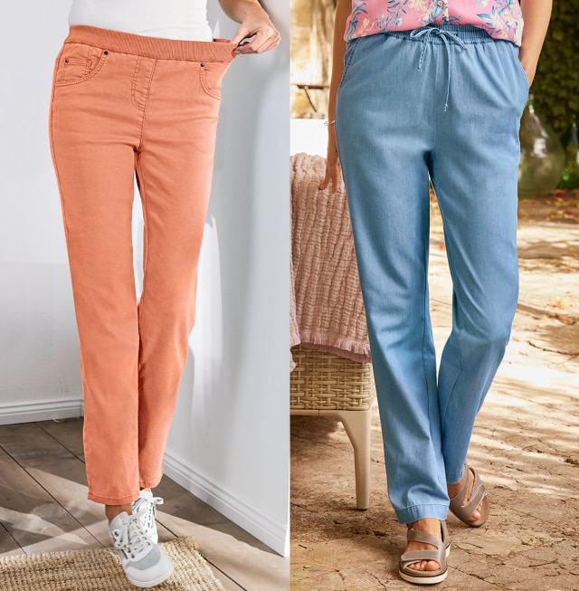 Zwei Hosen werden gezeigt. Die Baumwollhose Extraleicht in Light Blue und die Bequembundhose Powerstretch in Apricot.