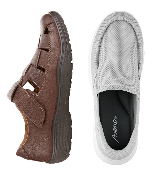 Antishock-Sandalenschuh in Braun und 
Hallux Ultraleicht Schlupf Slipper in der Farbe Grau.