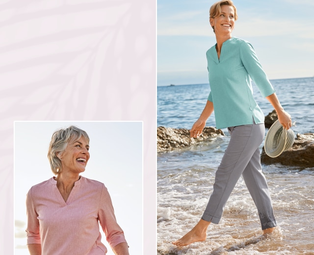 Damenmode für den Sommer, ganz unbeschwert genießen die beiden Frauen die Meeresluft und gehen barfuß durch den Sand.