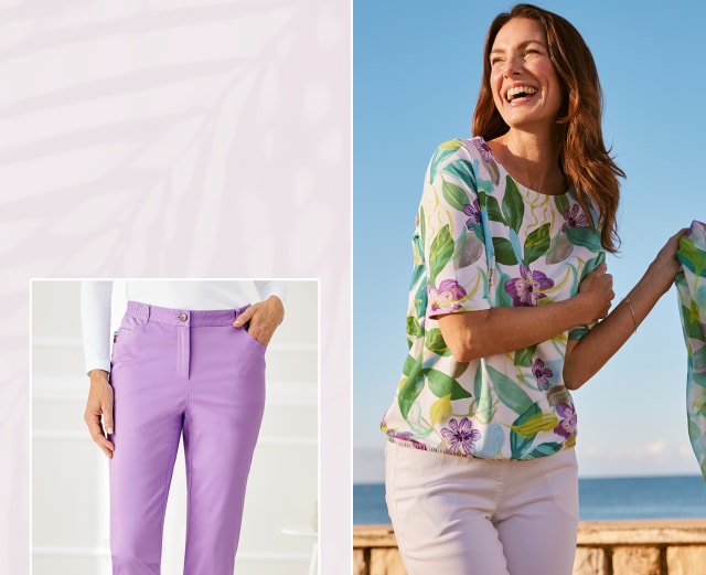 Fröhliche Damenmode in sommerlichen Farben und floralen Mustern trägt die lächelnde Frau.