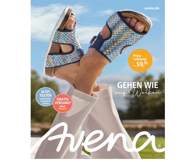 Titelseite der akutellen Avena-Aktion, gezeigt wird die Naturform-Pantolette in der Farbe blau.