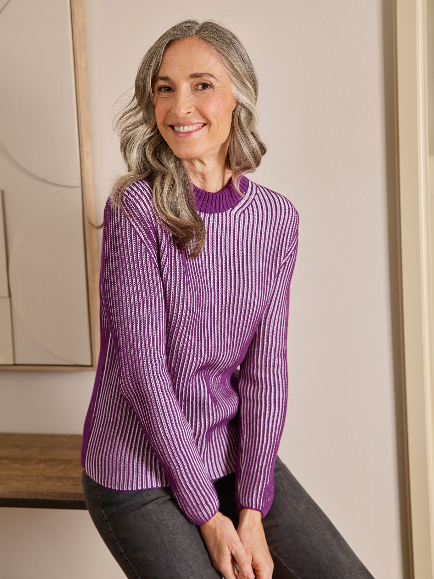Brioche-Strickpullover Farbeffekt Violett