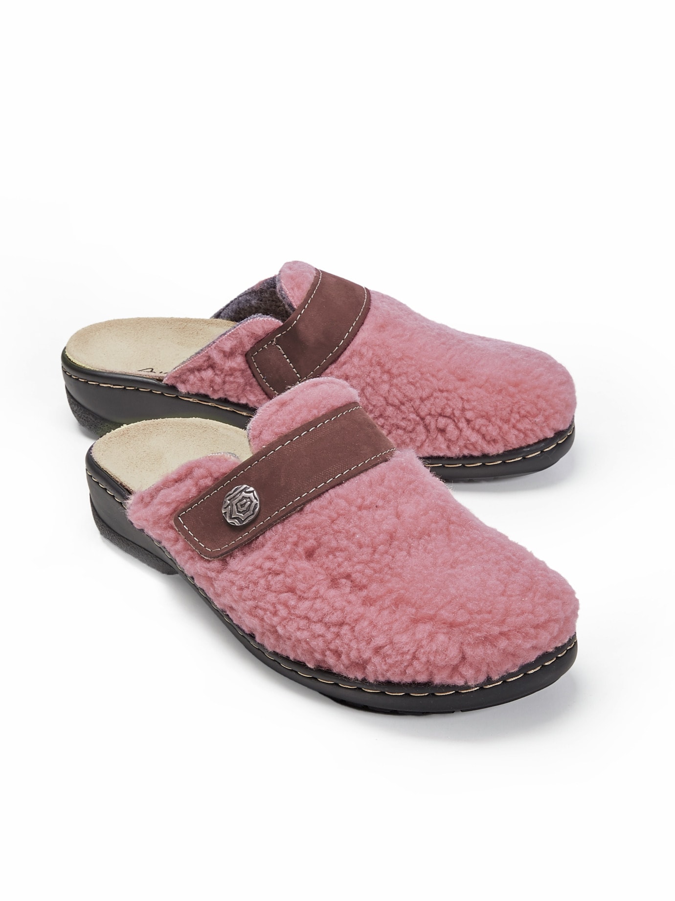 Teddyfell-Pantolette Korkfußbett Rosa