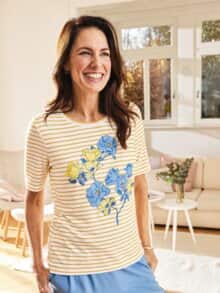 Rundhals-Shirt Viskose-Stretch Gelb-Weiß