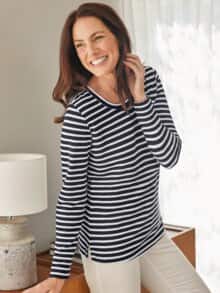 Langarm-Shirt Strukturstreifen Marine-Weiß