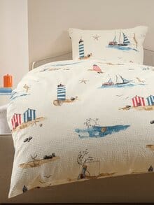 Seersucker-Bettwäsche-Set Maritim Ecru-Blau-Rot