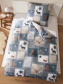 Feinbiber-Bettwäsche Rentier Blau/Natur