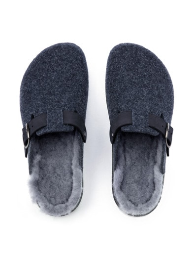 Lammfell-Pantolette Wollfilz Marine