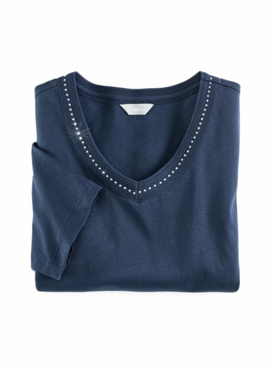 V-Ausschnitt Shirt Schmuckdetails Blau