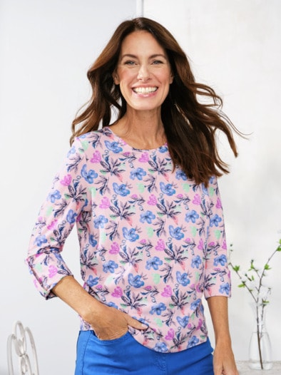 Baumwoll-Modal-Shirt Rosa geblümt