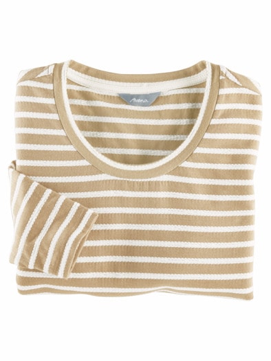 Langarm-Shirt Strukturstreifen Beige-Weiß