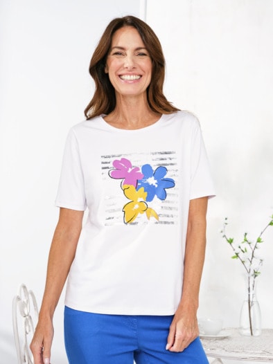 Baumwoll-Shirt Blumenwiese Weiß