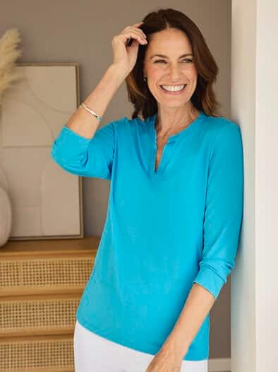 Jersey Blusenshirt Satin-Kragen Aqua