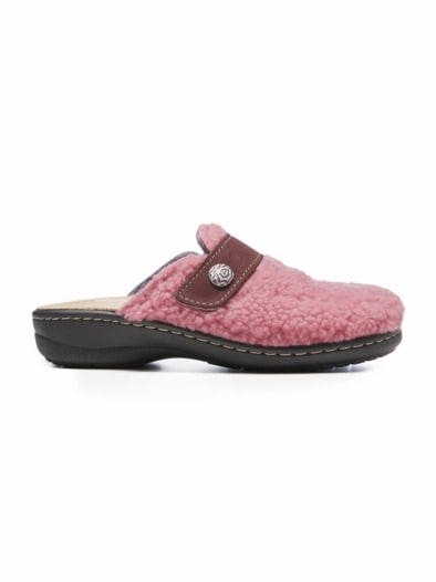 Teddyfell-Pantolette Korkfußbett Rosa