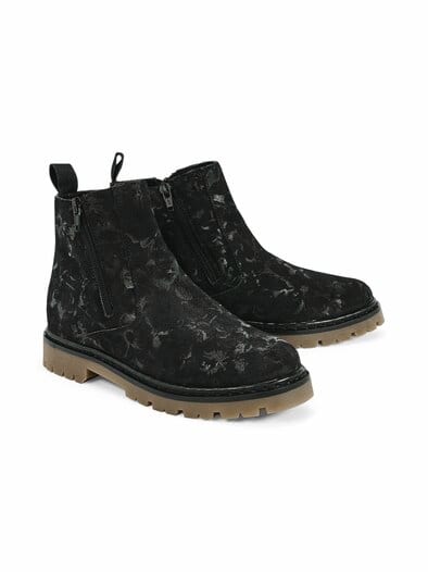 Hallux-Floralbootie Doppelzip Schwarz