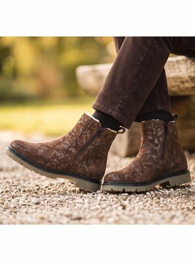 Hallux-Floralbootie Doppelzip Braun