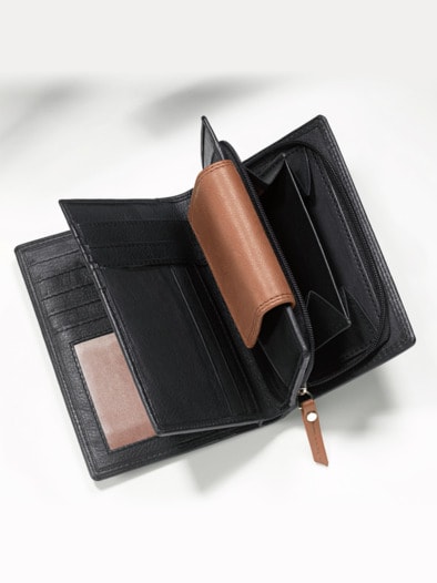 Leder-Geldbörse Schwarz-Cognac