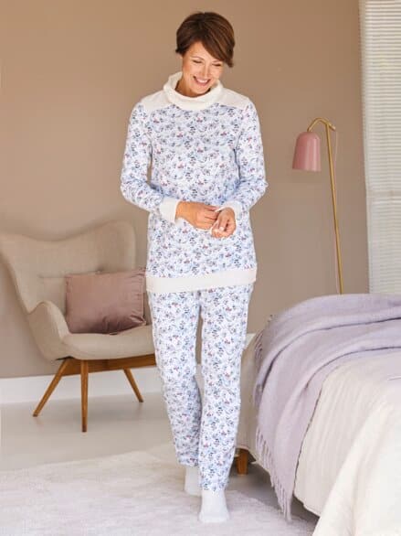 Schlafanzug Thermowärme Weiß geblümt