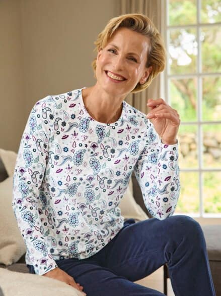 Baumwoll-Shirt Blüten-Paisley Weiß gemustert