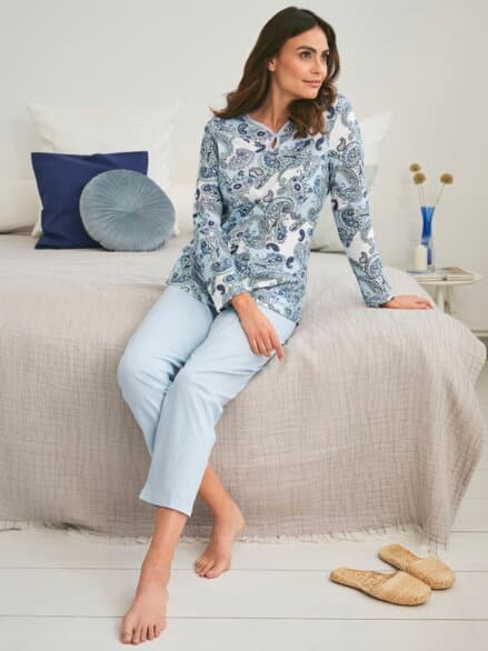 Baumwoll-Schlafanzug Paisley Hellblau gemustert