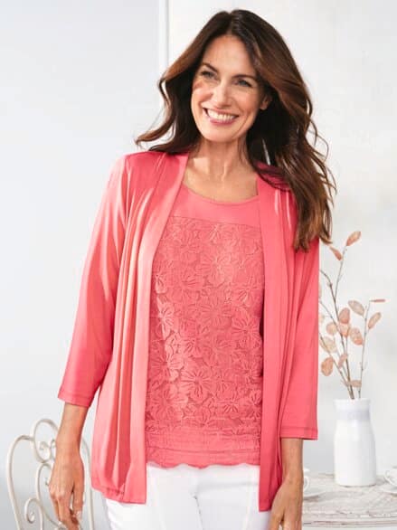 Viskose-Twinset Ajour Flamingo Pink