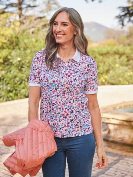 Poloshirt Bio-Baumwolle Pfirsich geblümt