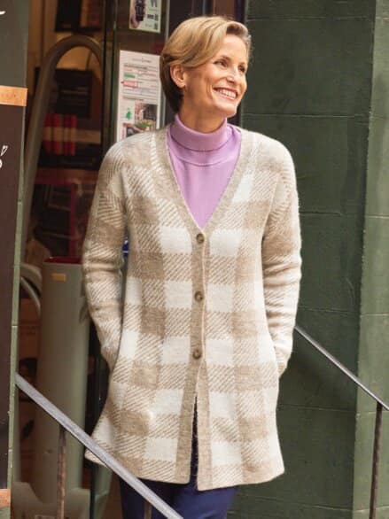 Karo-Strickjacke Extraleicht Beige-Weiß