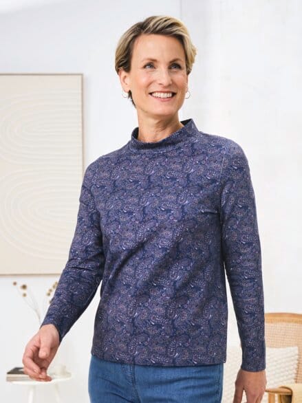 Stehkragen-Shirt Pfirsichweich Blau gemustert