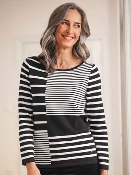 Baumwoll-Pullover Multi-Streifen Schwarz-Weiß