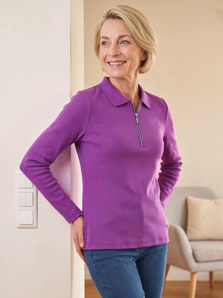 Baumwoll-Ripp-Polo mit Zipper Blaubeere