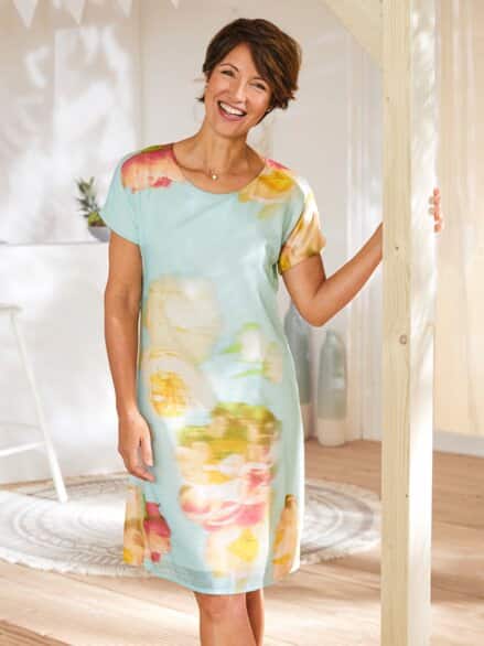 Kleid Blumenaquarell Aqua gemustert