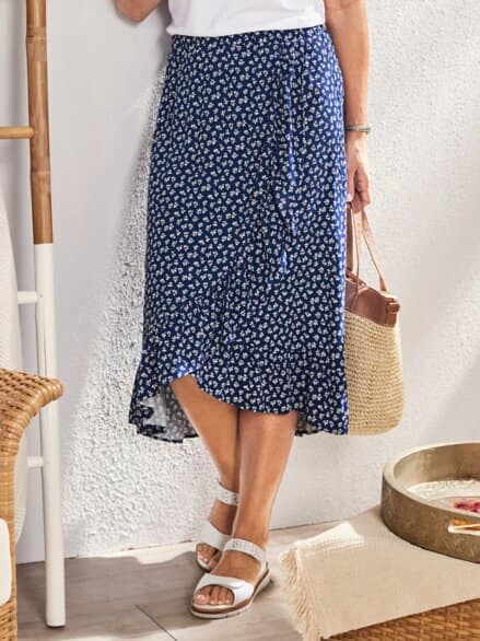 Viskoserock Wickeloptik Marine-Weiß