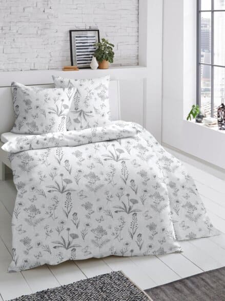 Feinbiber-Bettwäsche-Set Floral Weiß