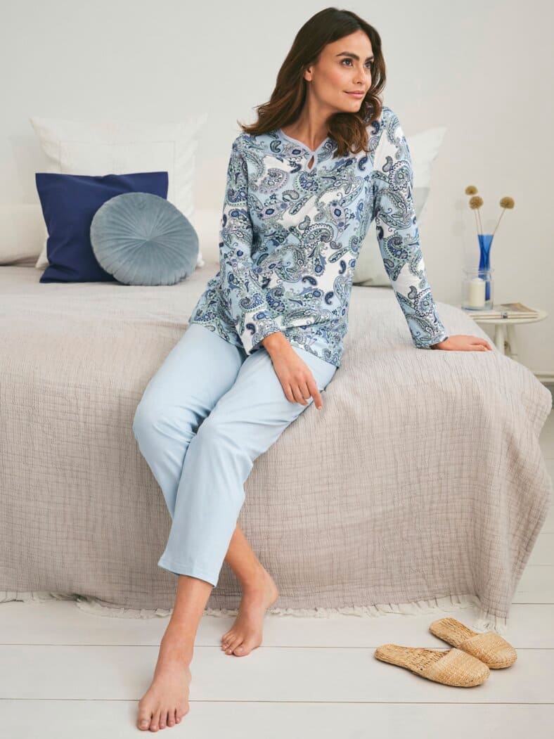 Baumwoll-Schlafanzug Paisley Hellblau gemustert