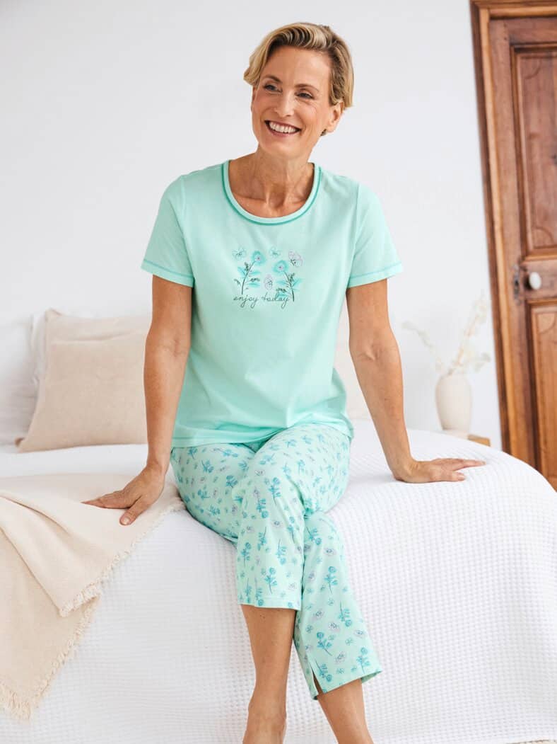 Baumwoll-Schlafanzug Pastellblüte Mintgrün