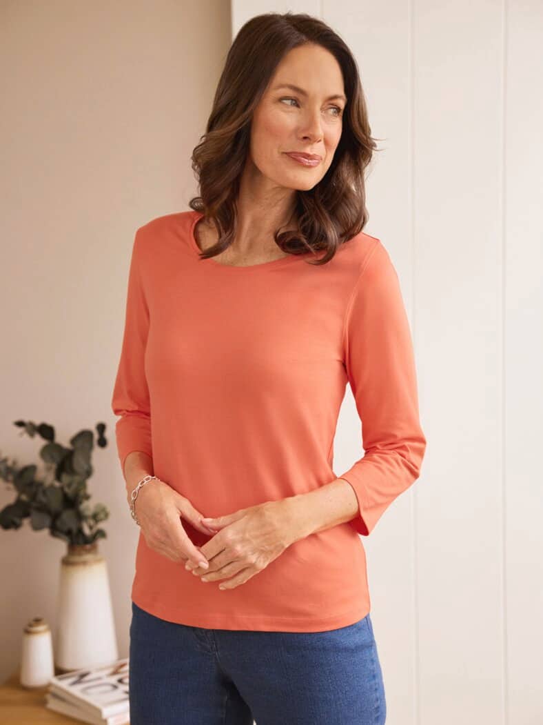 Baumwoll-Shirt 3/4 Arm Koralle