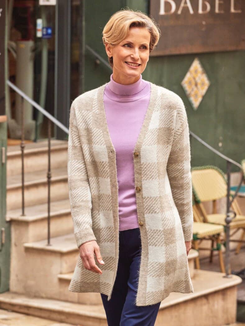 Karo-Strickjacke Extraleicht Beige-Weiß