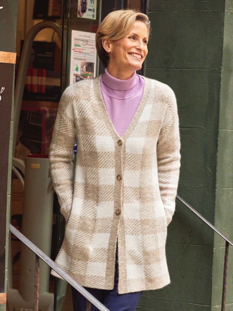 Karo-Strickjacke Extraleicht Beige-Weiß